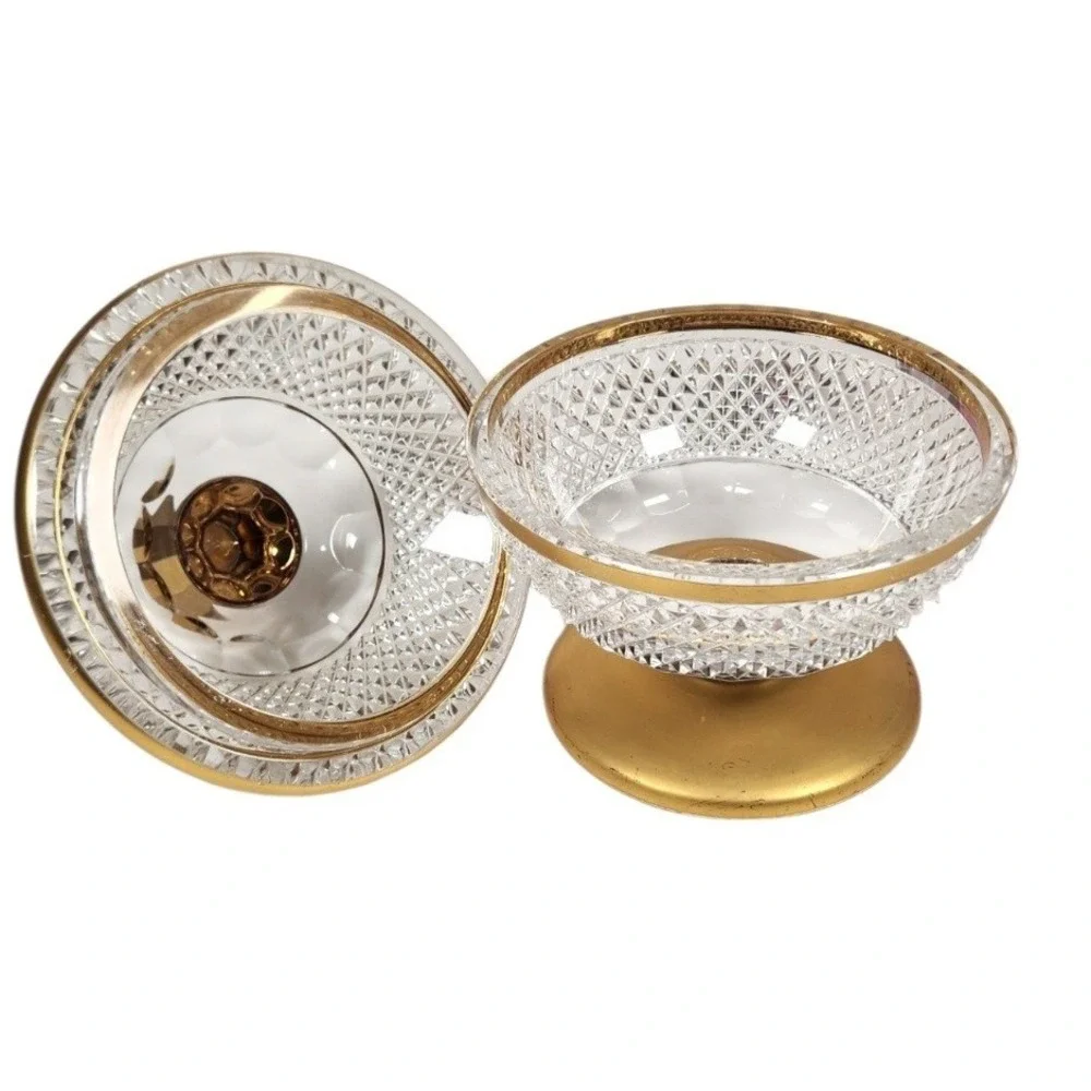Vintage Moser Style Heavy Cut Crystal Lidded Candy Dish Gold Gilt Pedestal Cover